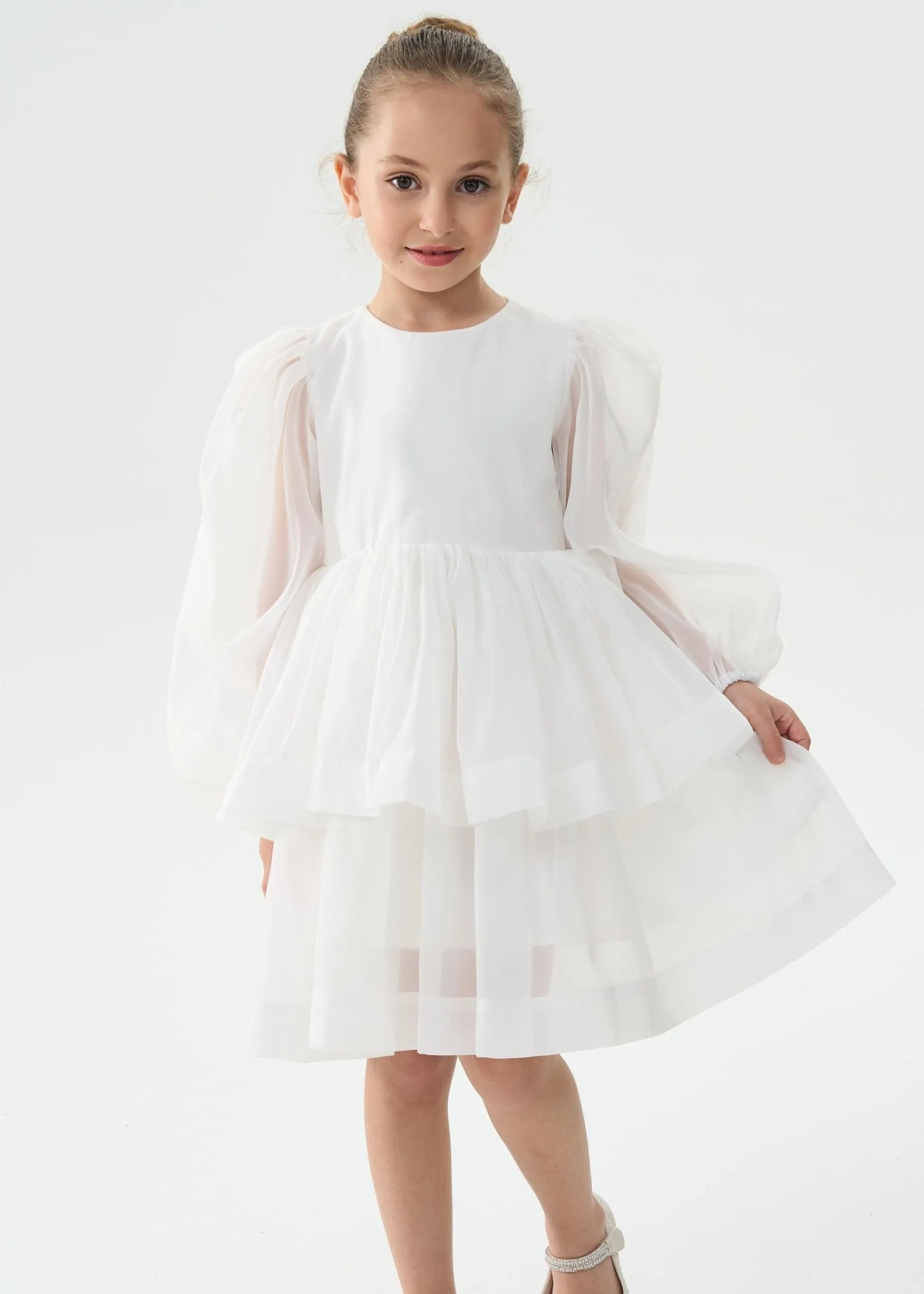 2Bunnies Girls' Organza Long Sleeve Tiered Babydoll Skater Dress