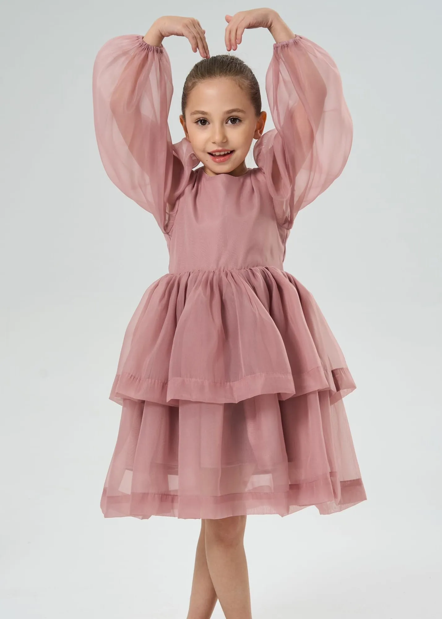 2Bunnies Girls' Organza Long Sleeve Tiered Babydoll Skater Dress