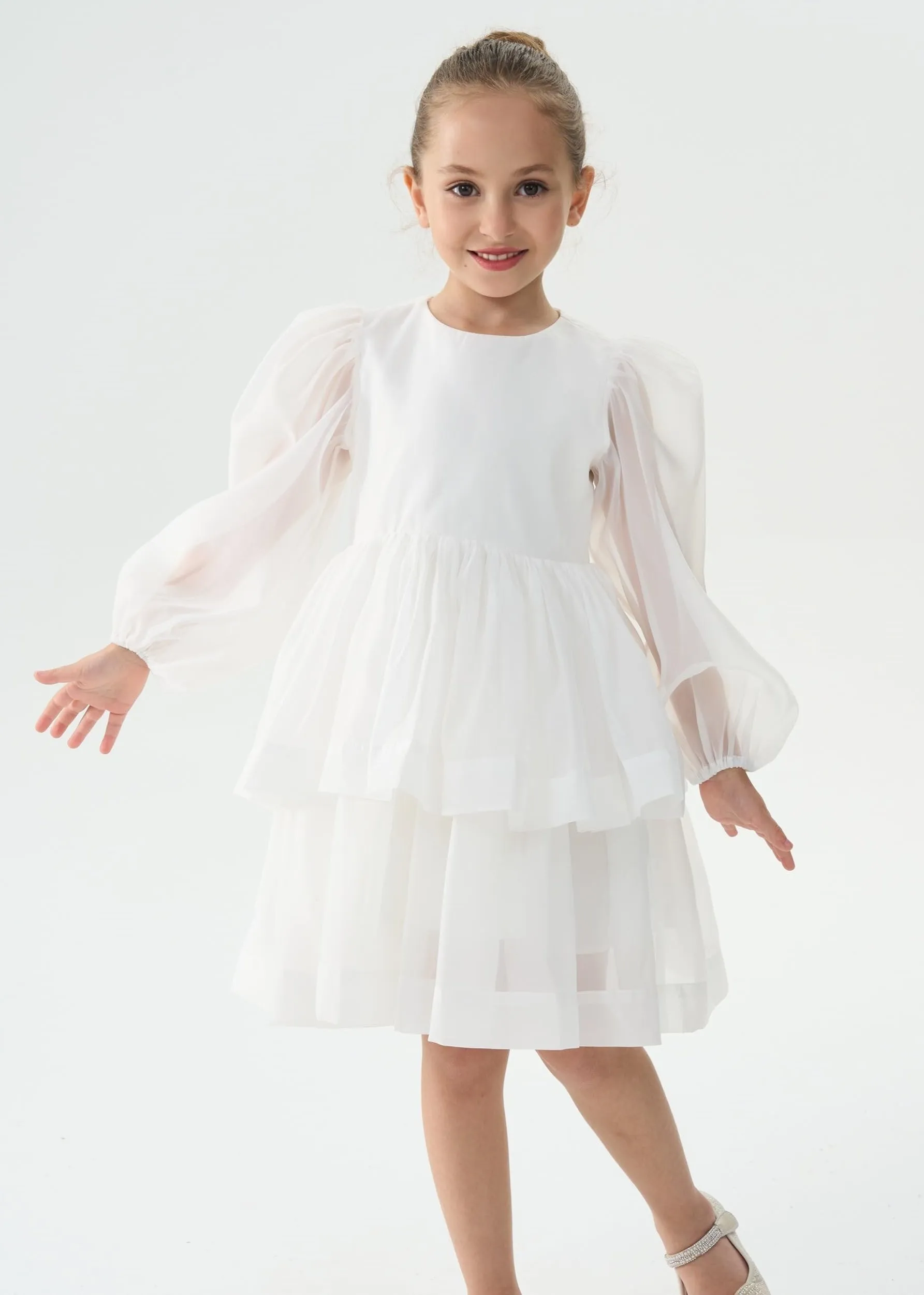 2Bunnies Girls' Organza Long Sleeve Tiered Babydoll Skater Dress