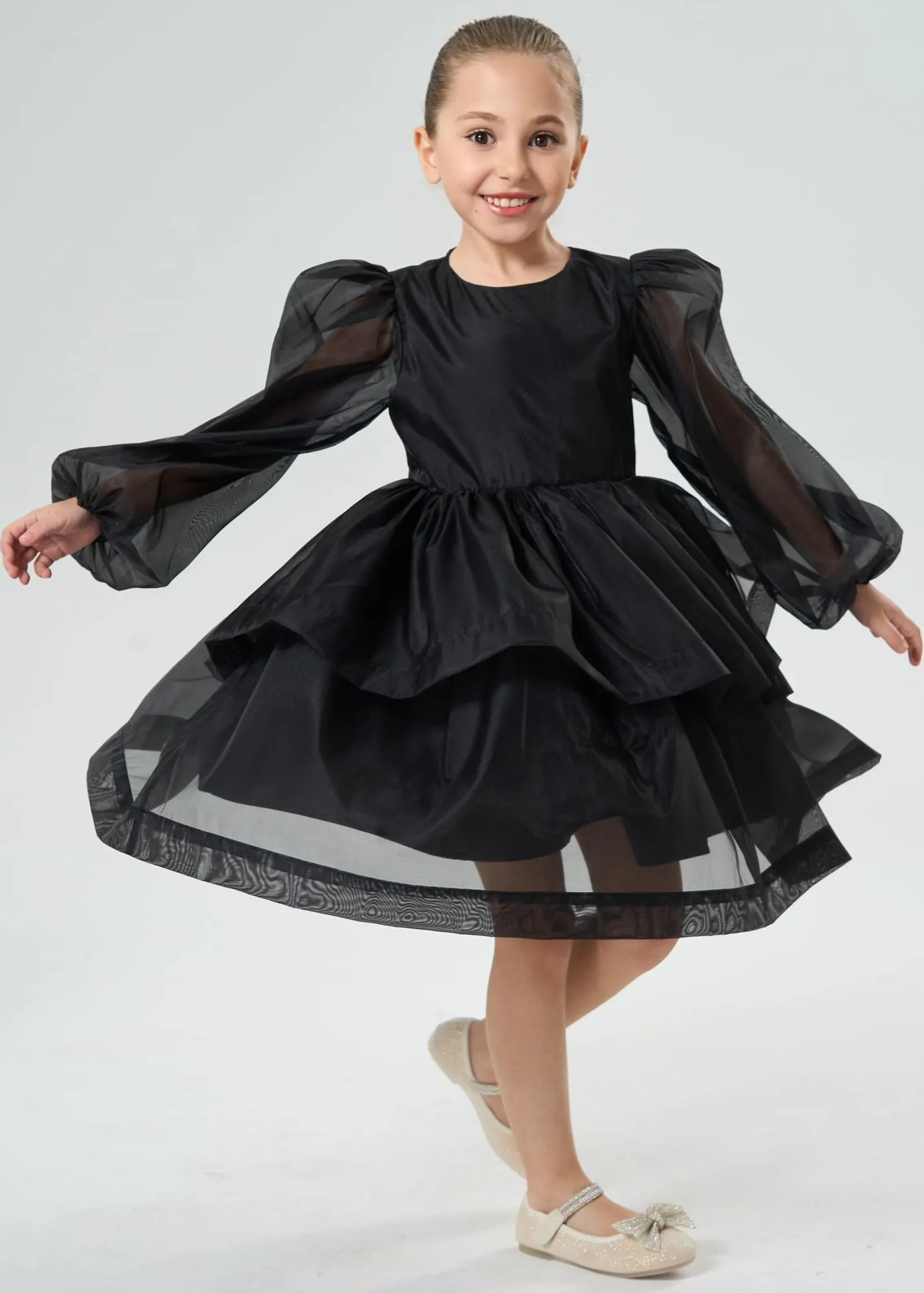 2Bunnies Girls' Organza Long Sleeve Tiered Babydoll Skater Dress
