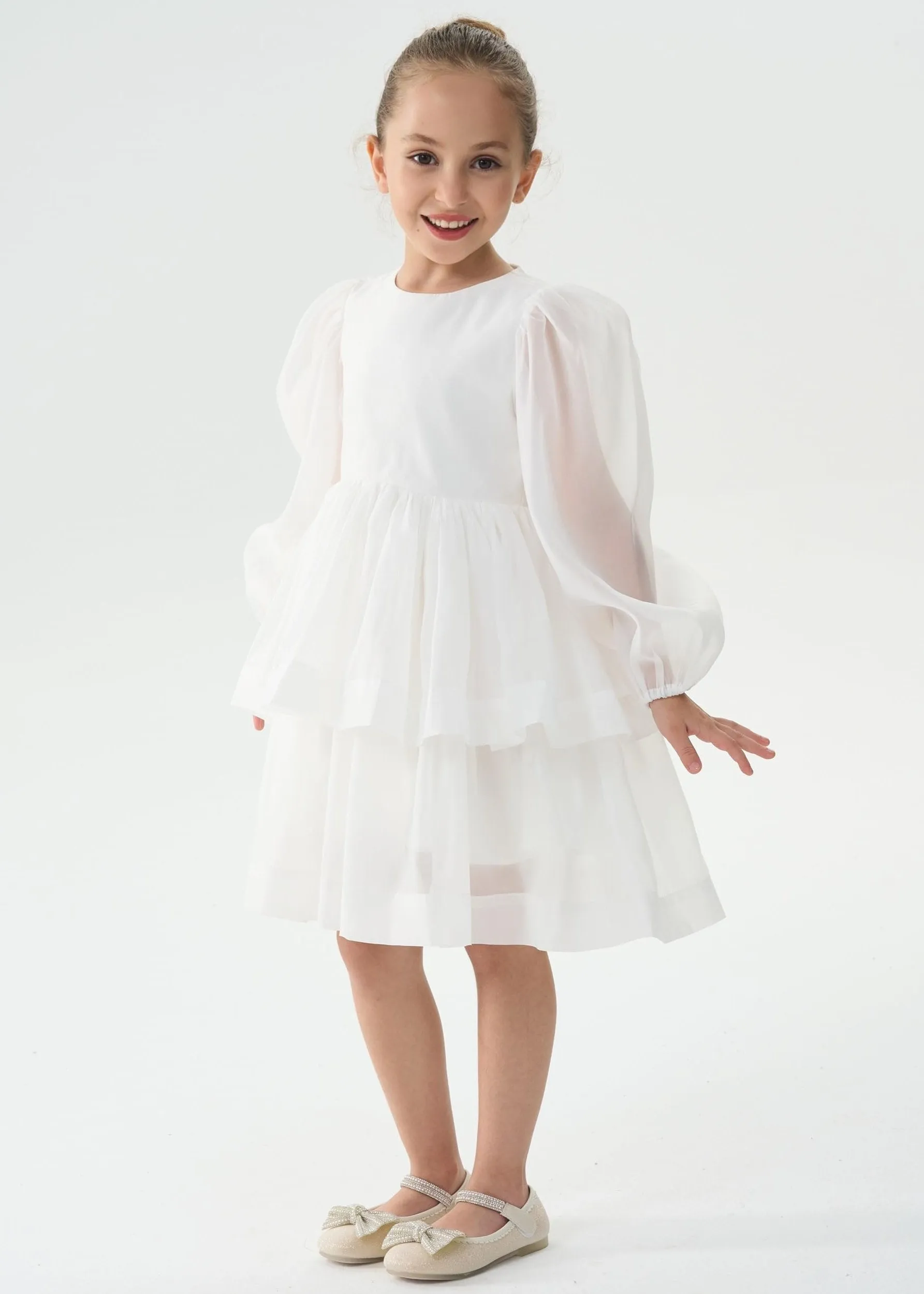 2Bunnies Girls' Organza Long Sleeve Tiered Babydoll Skater Dress