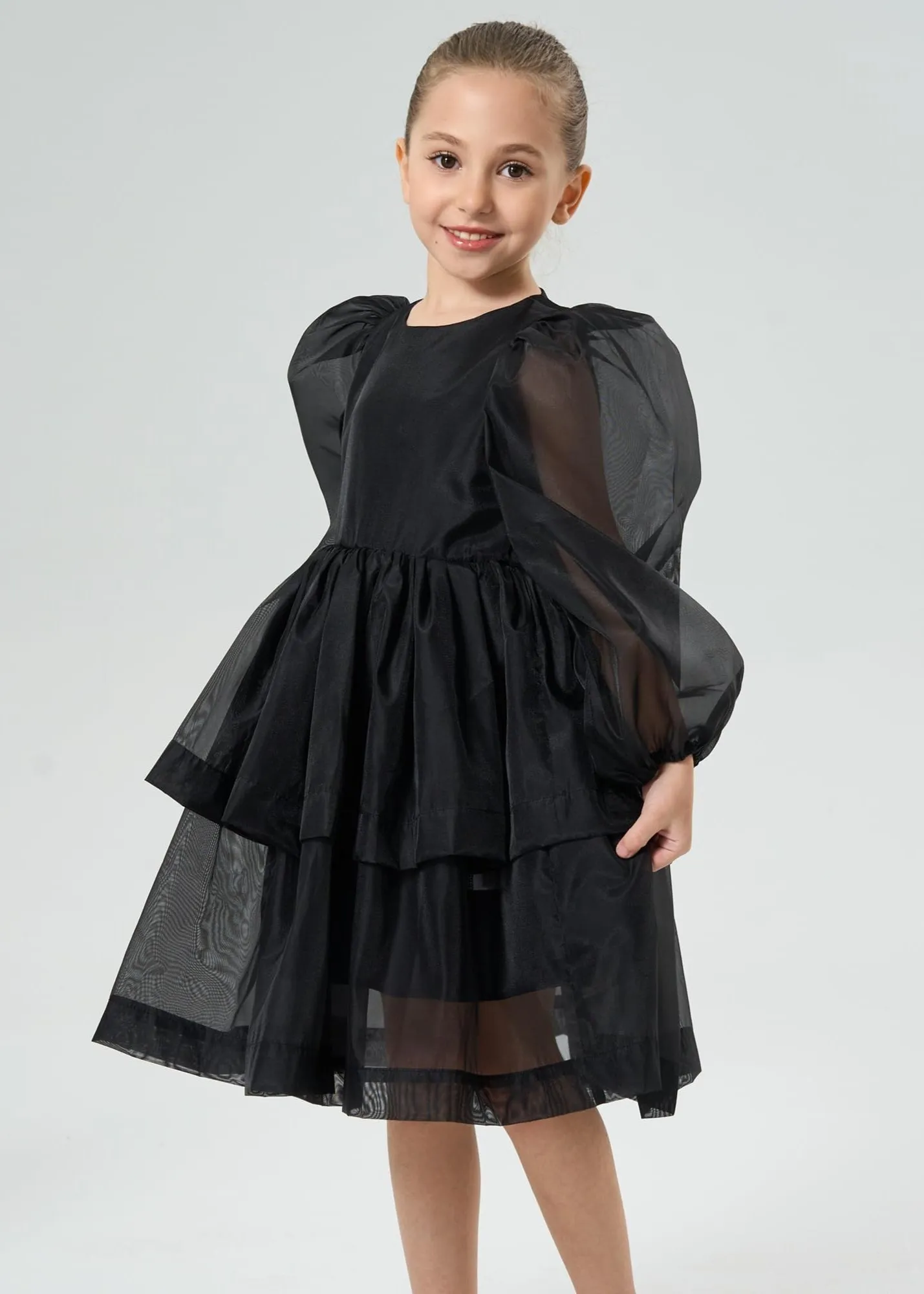 2Bunnies Girls' Organza Long Sleeve Tiered Babydoll Skater Dress