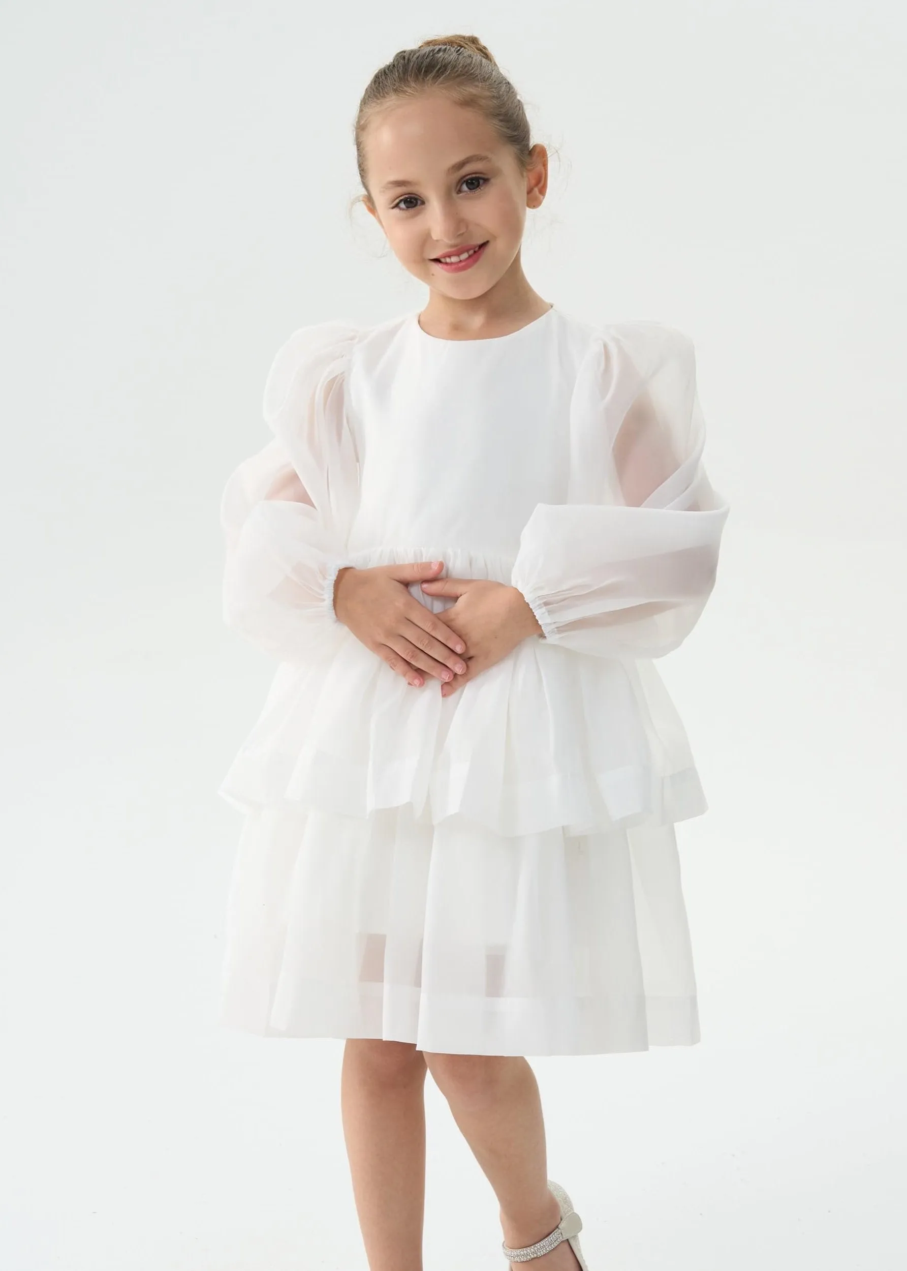 2Bunnies Girls' Organza Long Sleeve Tiered Babydoll Skater Dress