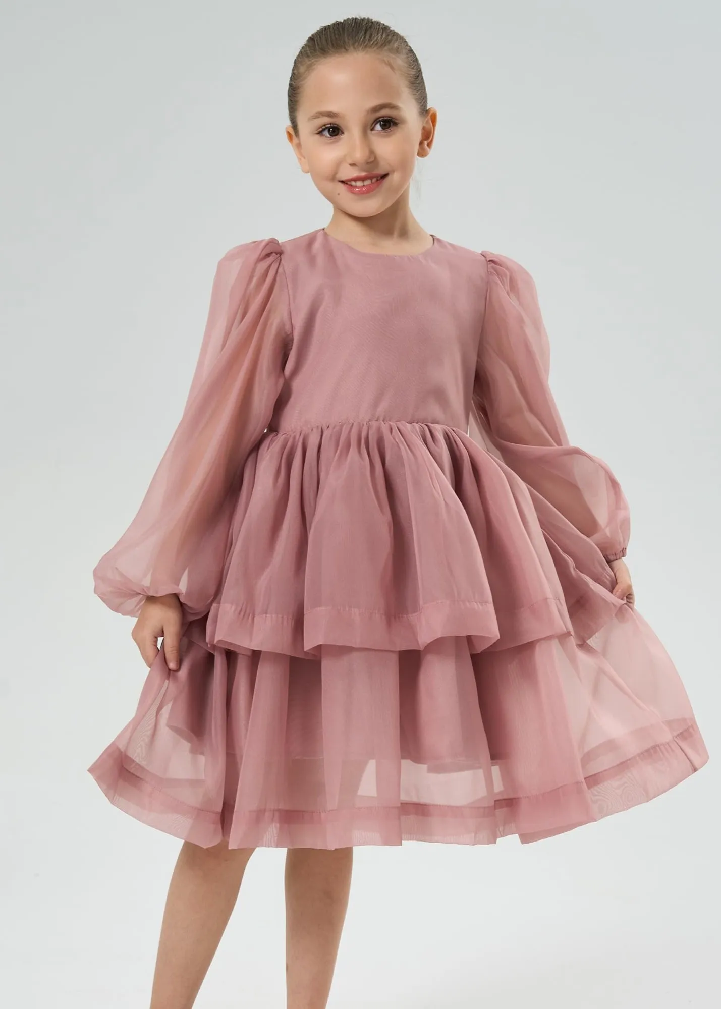 2Bunnies Girls' Organza Long Sleeve Tiered Babydoll Skater Dress