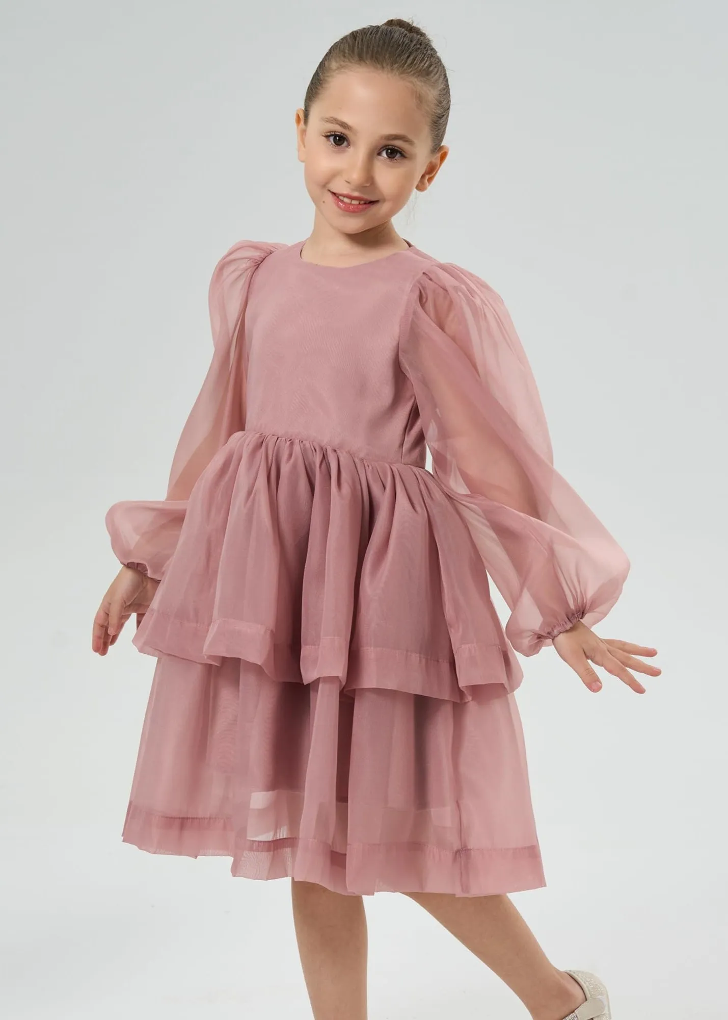 2Bunnies Girls' Organza Long Sleeve Tiered Babydoll Skater Dress