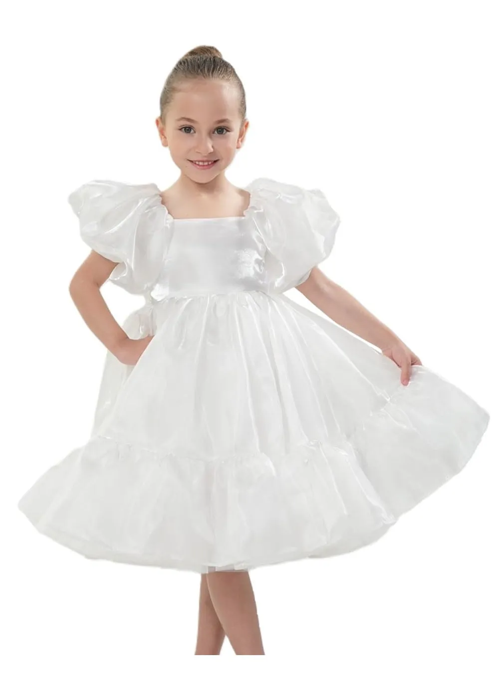 2Bunnies Girls' Organza Puff Sleeve Babydoll Dress in White Ruffle Hem