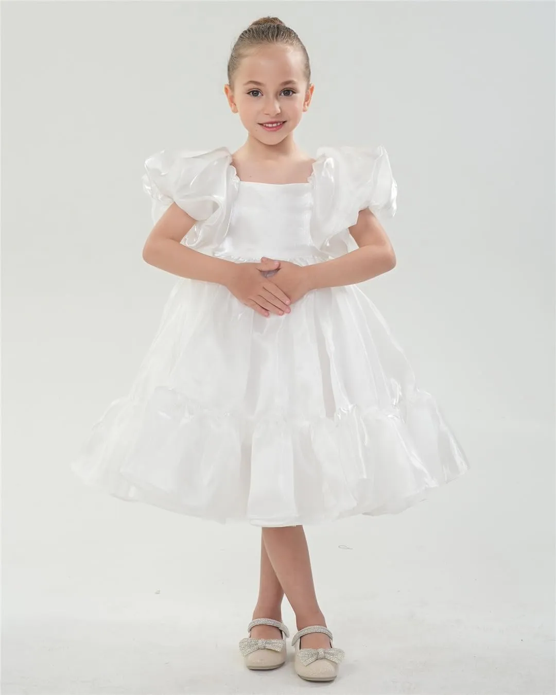 2Bunnies Girls' Organza Puff Sleeve Babydoll Dress in White Ruffle Hem