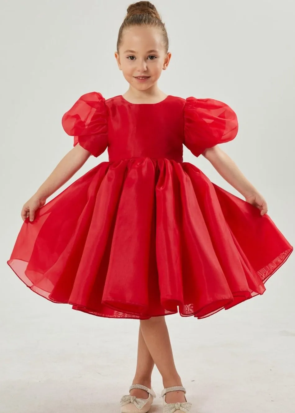 2Bunnies Girls' Organza Puff Sleeve Babydoll Fit & Flare Dress