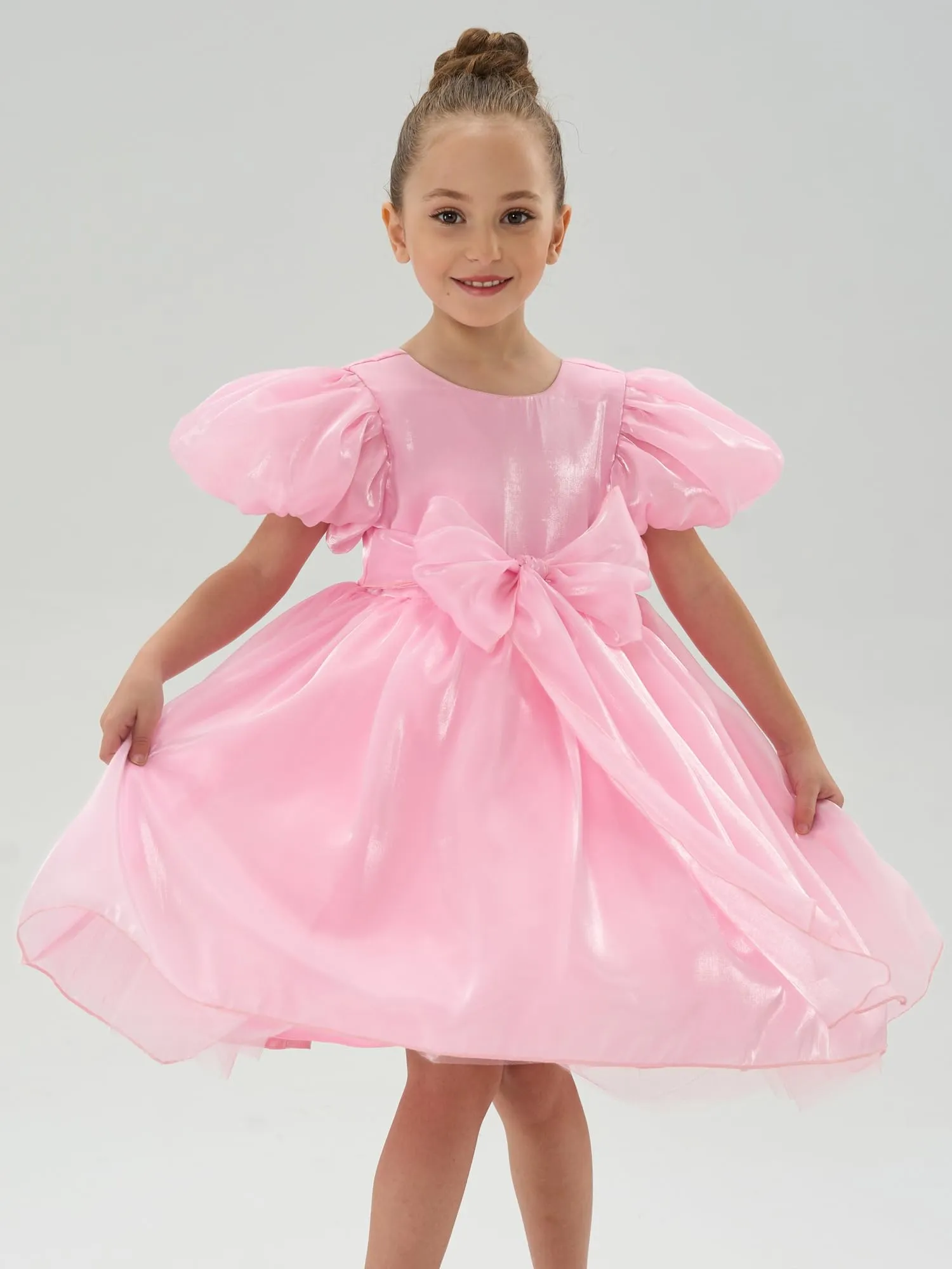 2Bunnies Girls' Puff Sleeve Organza Bow Party Dress