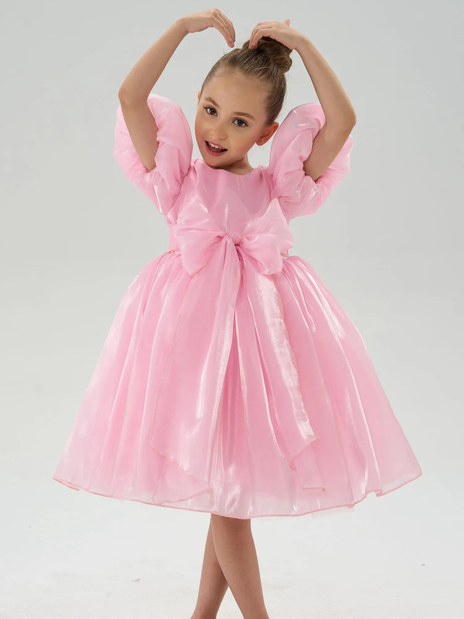2Bunnies Girls' Puff Sleeve Organza Bow Party Dress
