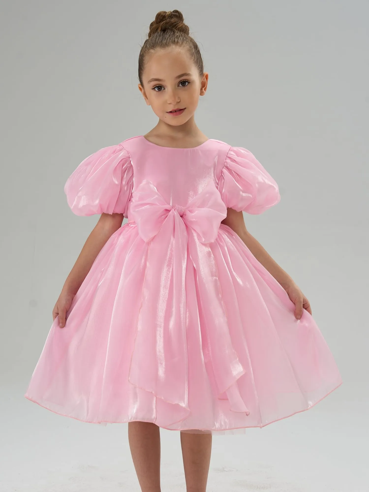2Bunnies Girls' Puff Sleeve Organza Bow Party Dress