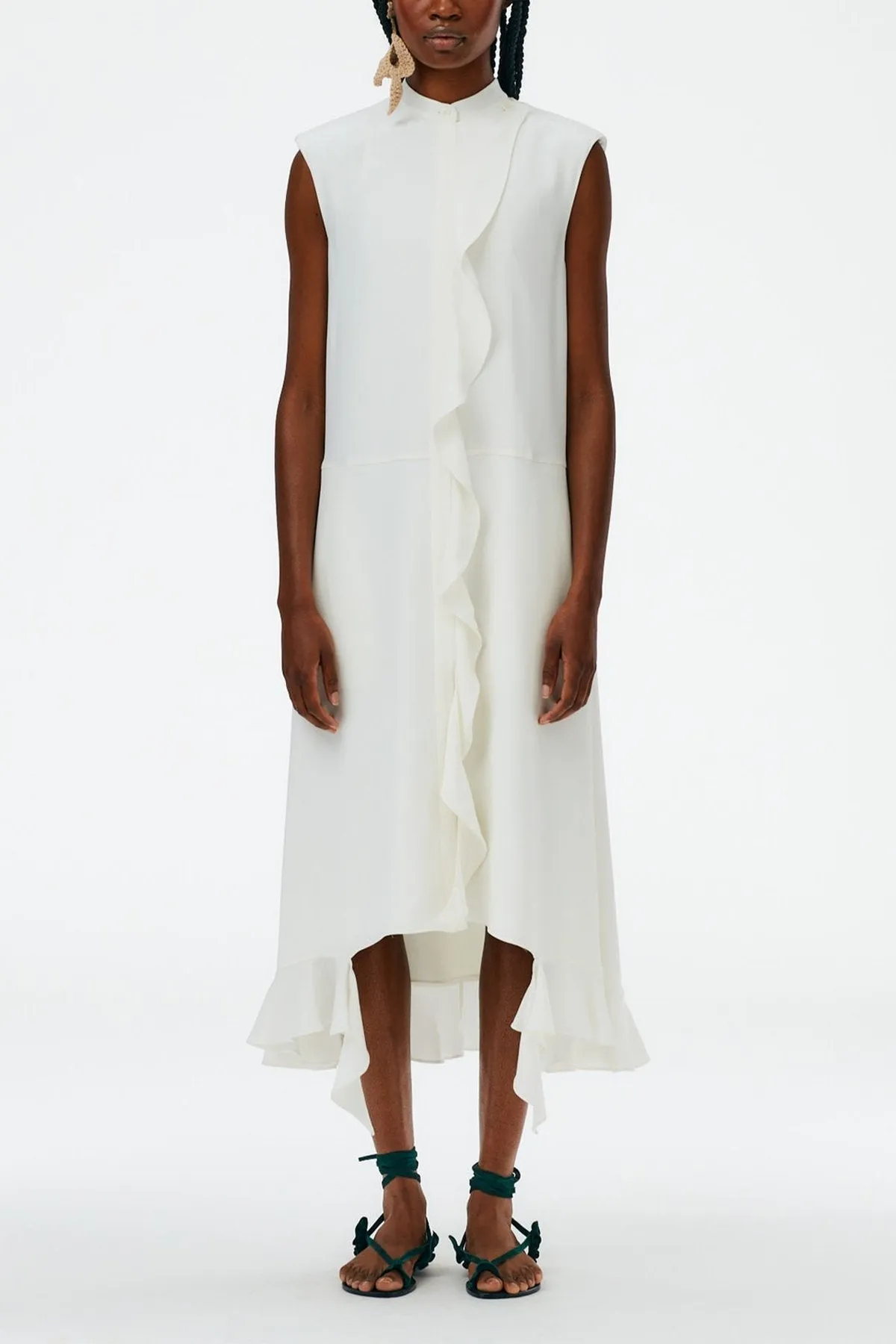 4Ply Silk Detached Ruffle Shirtdress in White