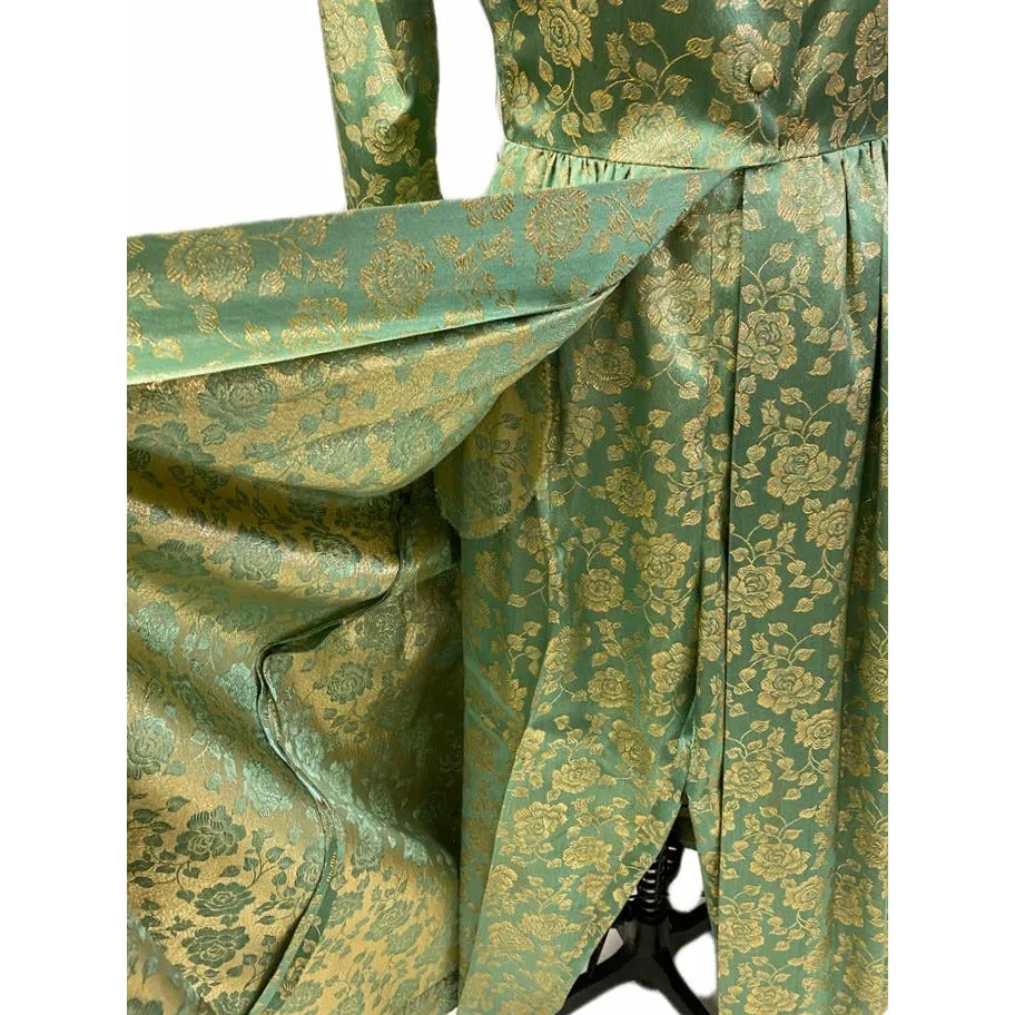60's FLOBERT Rockabilly Lounge Set Long Robe/Cigarette Pants Green Gold Brocade