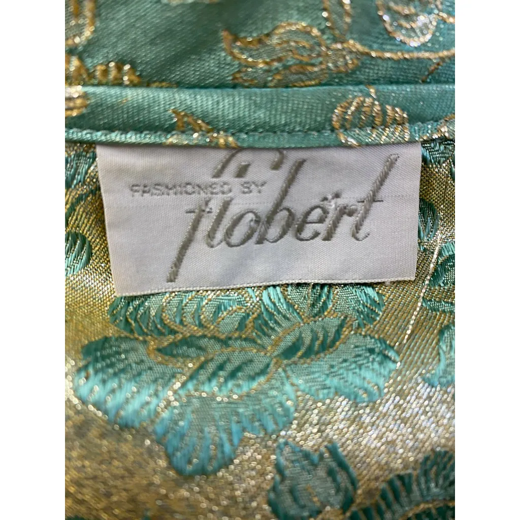 60's FLOBERT Rockabilly Lounge Set Long Robe/Cigarette Pants Green Gold Brocade