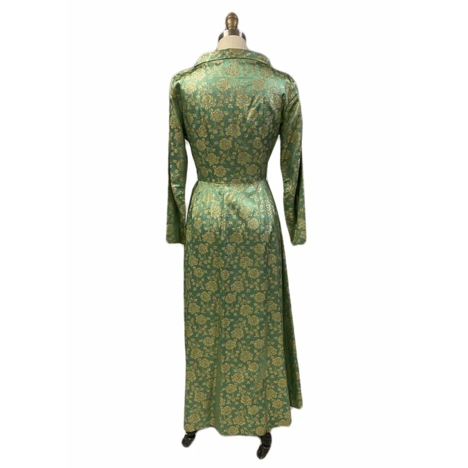 60's FLOBERT Rockabilly Lounge Set Long Robe/Cigarette Pants Green Gold Brocade