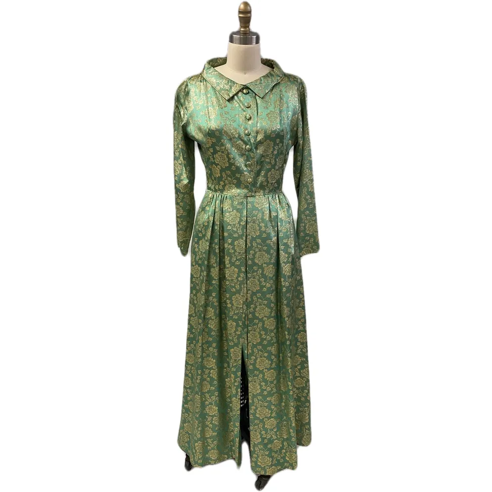 60's FLOBERT Rockabilly Lounge Set Long Robe/Cigarette Pants Green Gold Brocade