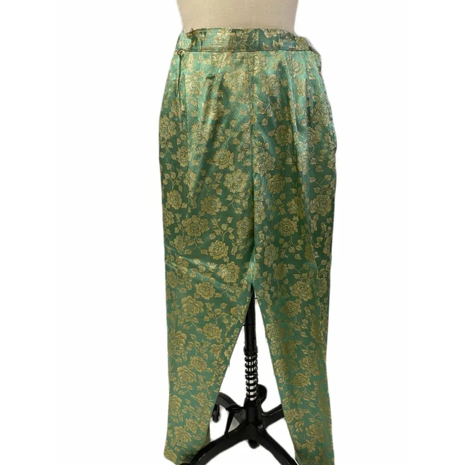 60's FLOBERT Rockabilly Lounge Set Long Robe/Cigarette Pants Green Gold Brocade