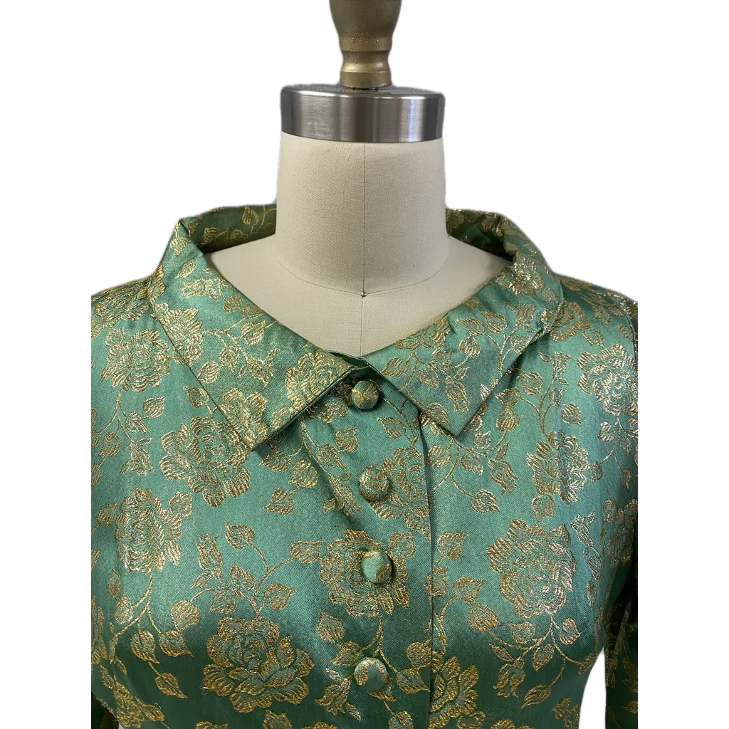 60's FLOBERT Rockabilly Lounge Set Long Robe/Cigarette Pants Green Gold Brocade