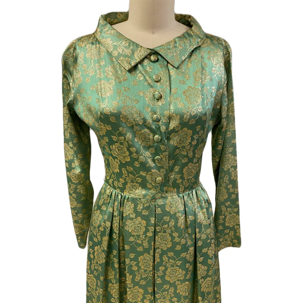 60's FLOBERT Rockabilly Lounge Set Long Robe/Cigarette Pants Green Gold Brocade