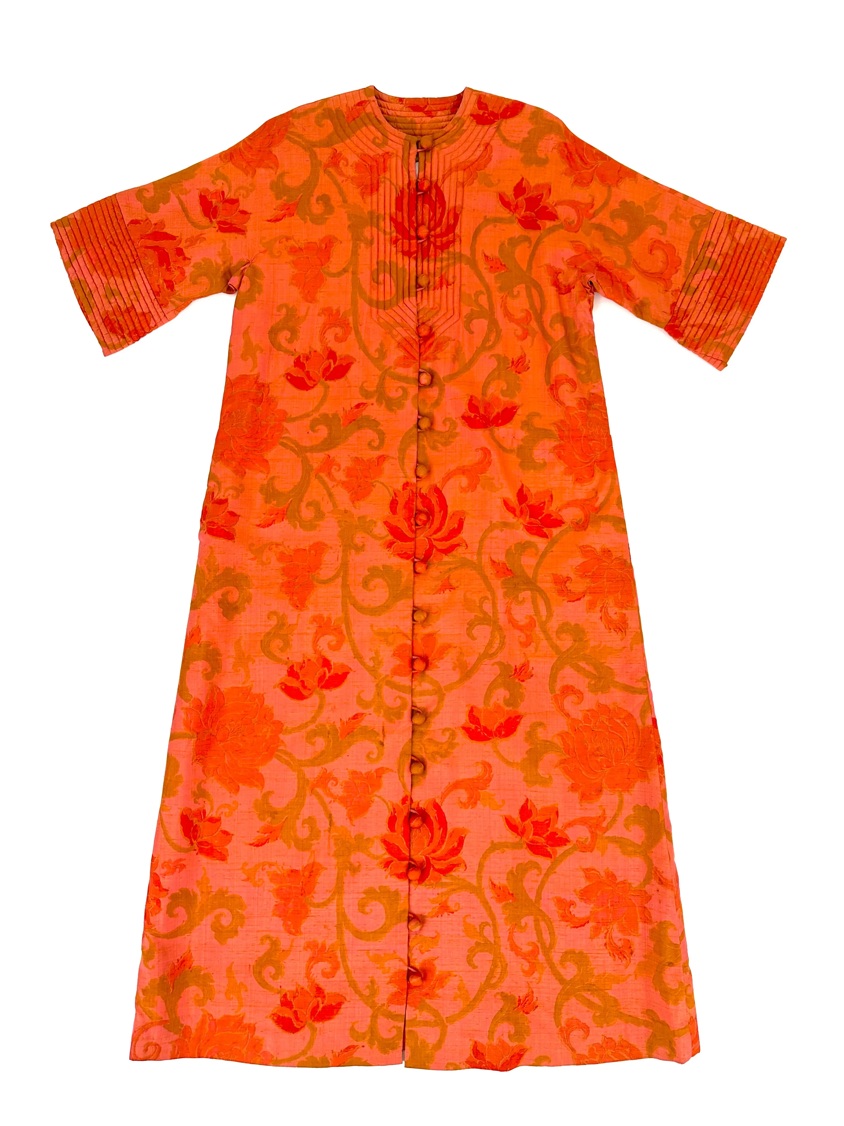 70s Silk Quilted Floral Print Kaftan