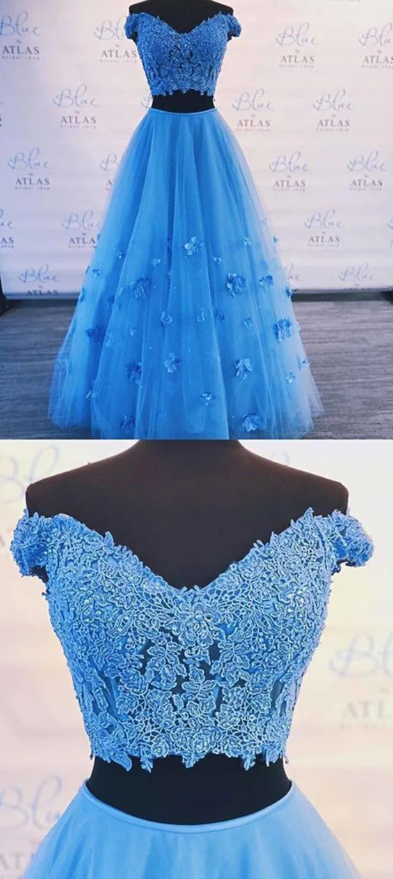 A Line 2 Piece Blue Prom Dresses Off-the-shoulder Long Formal Gown