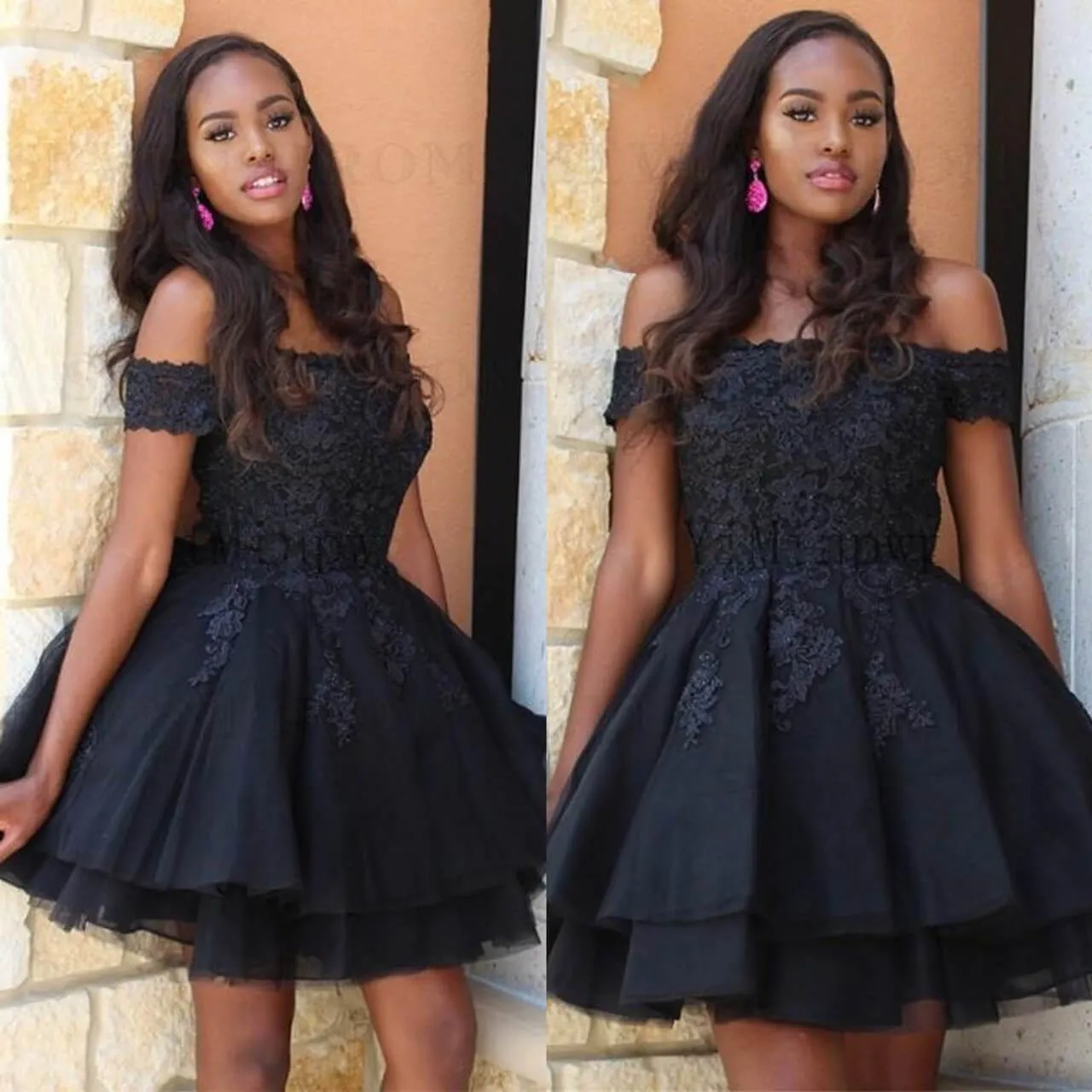 A Line Black Short Homecoming Dresses Lace Off the Shoulder Damas Dress