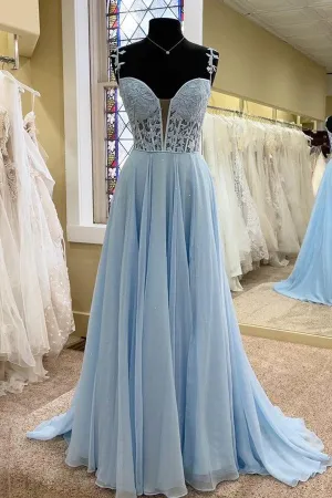 A Line Lace Long Formal Dresses Blue Prom Dress Bodice Beaded