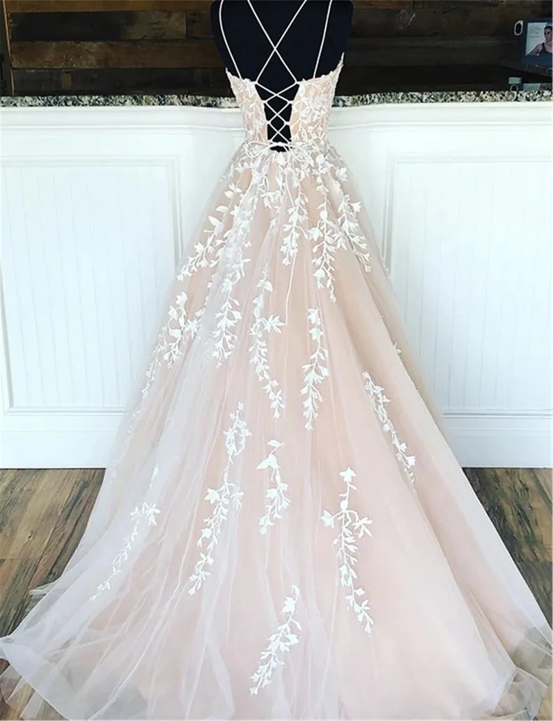 A Line Long Lace Prom Dresses Spaghetti Straps Sleeveless