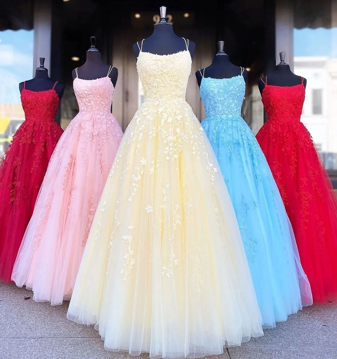 A Line Long Lace Prom Dresses Spaghetti Straps Sleeveless