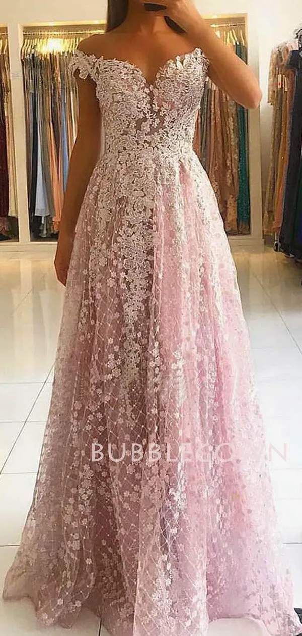 A-line Off Shoulder Appliques Lace Long Evening Prom Dresses, Cheap Custom Prom Dresses, MR7453