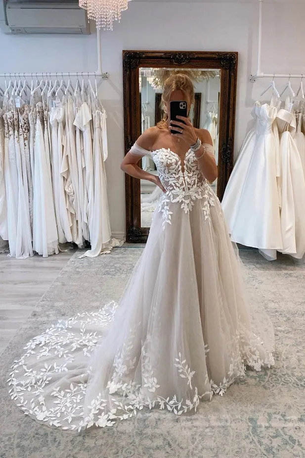 A Line Off the Shoulder Tulle Wedding Dress with Appliques N092