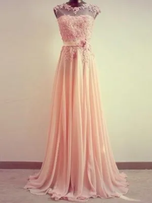 A-Line Round Neck Sweep Train Lace  Pink Prom Dress, Formal Dresses, Lace Bridesmaid Dress
