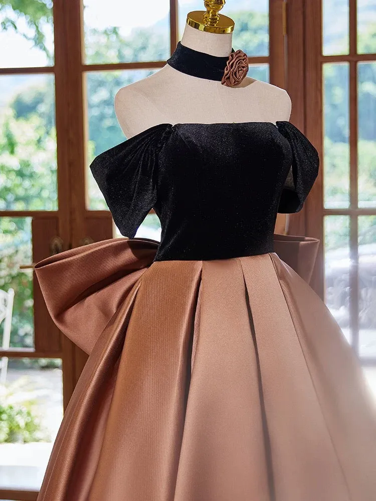 A-Line  Satin Velvet Brown Long Prom Dress, Brown Long Formal Dress