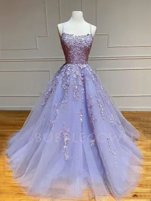 A-Line Spaghetti Straps Lace Embroidery Long Evening Prom Dresses, Cheap Tulle Sweet Prom Dresses, MR7303