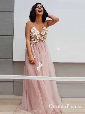 A-Line Spaghetti Straps Long Pink Prom Dresses with Appliques, QB0535
