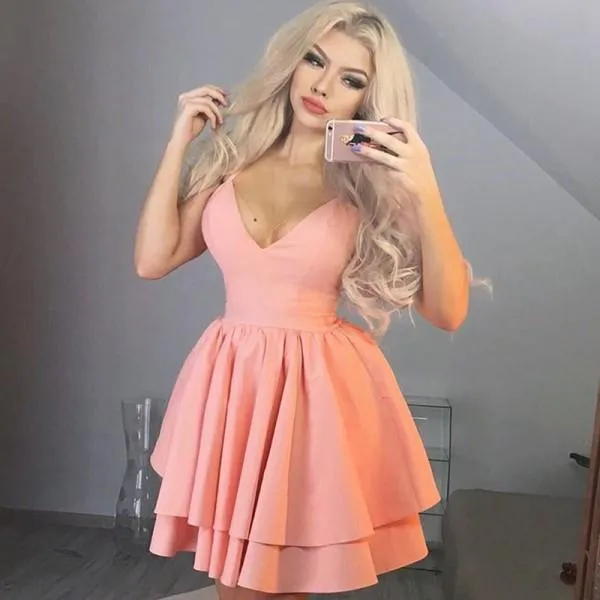 A-Line Spaghetti Straps Short Pink Satin Homecoming Dress with Pleats,  BD0233