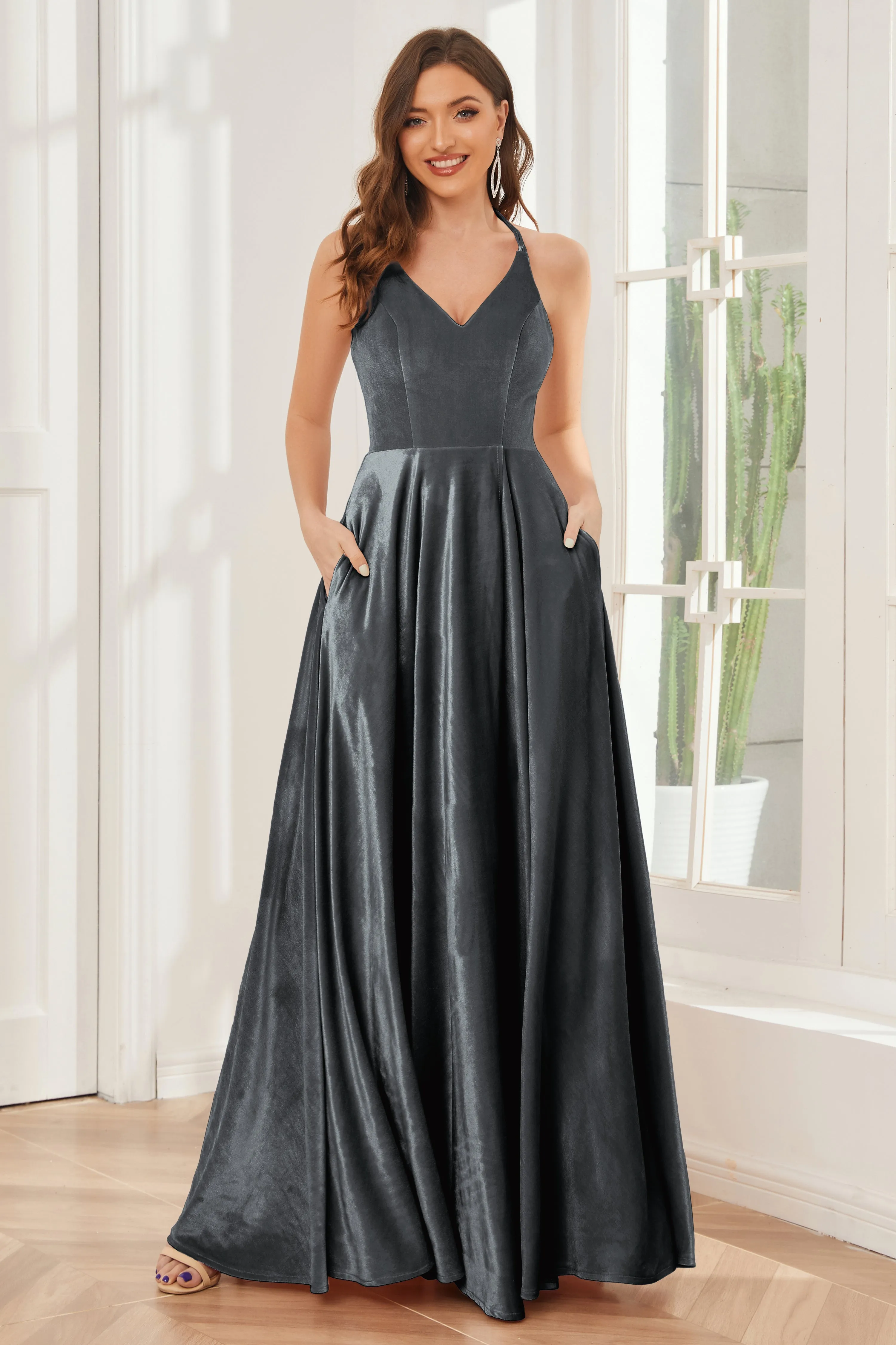 A-line Straps Velvet Bridesmaid Dresses with Slit