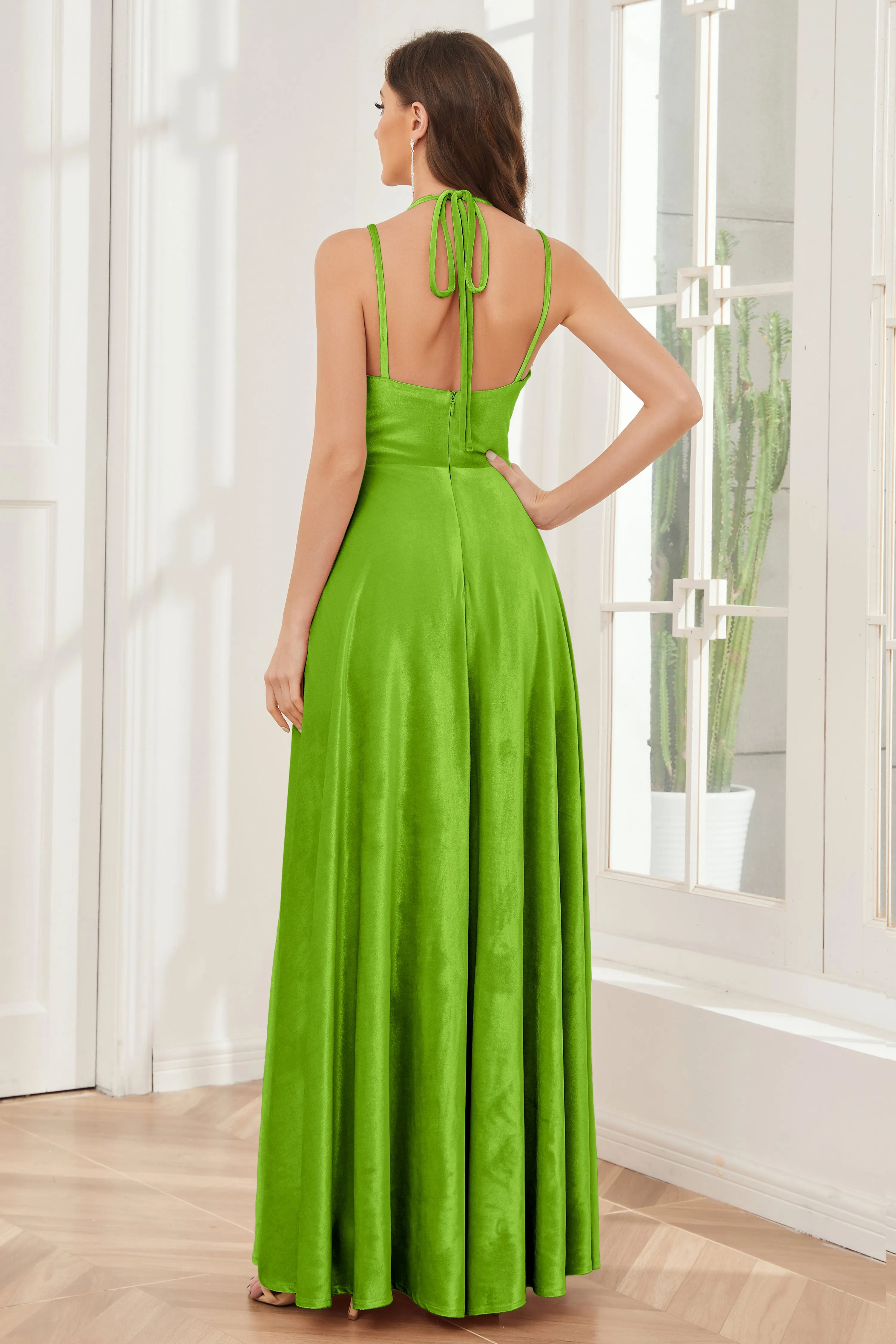 A-line Straps Velvet Bridesmaid Dresses with Slit