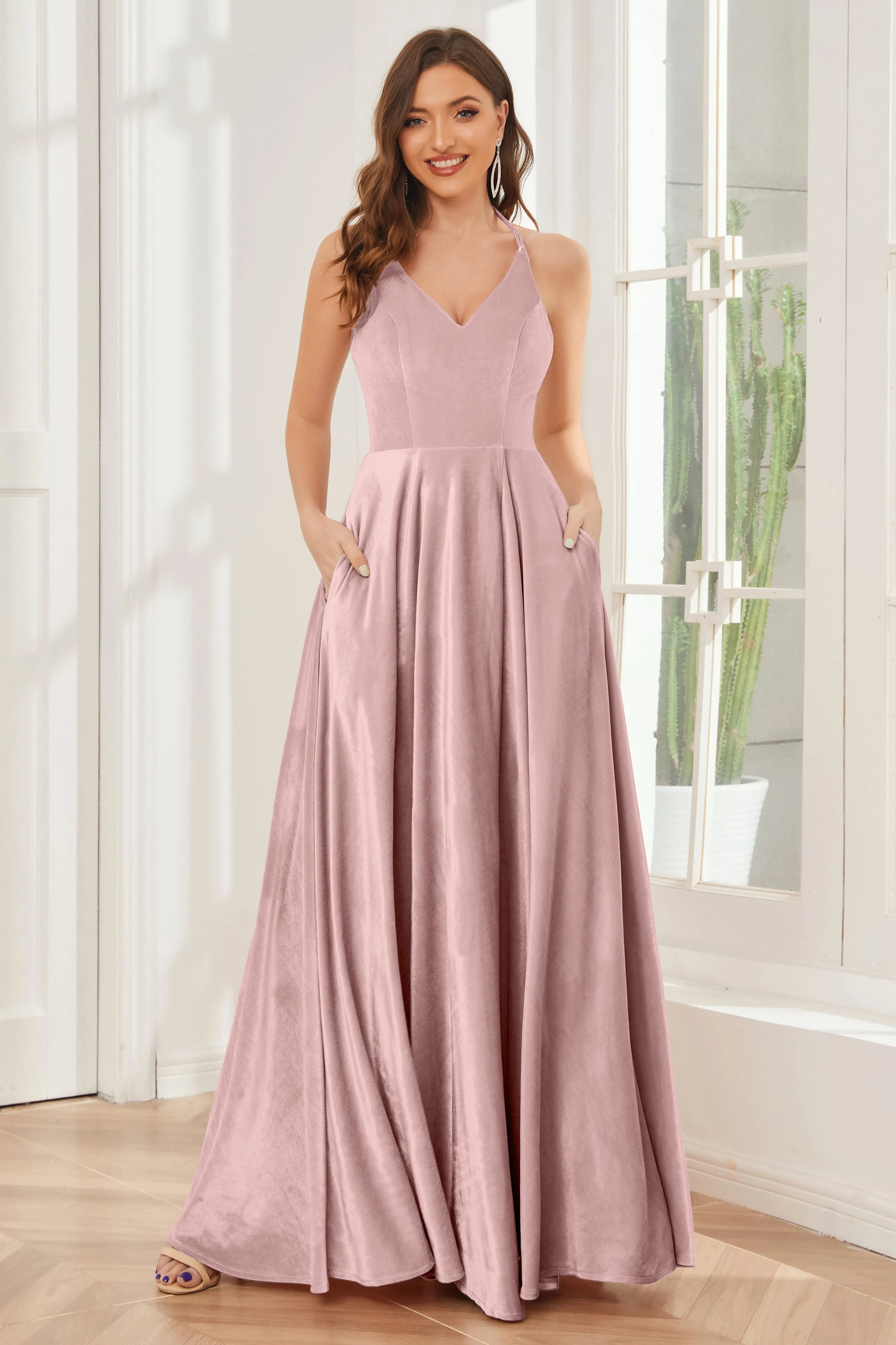 A-line Straps Velvet Bridesmaid Dresses with Slit