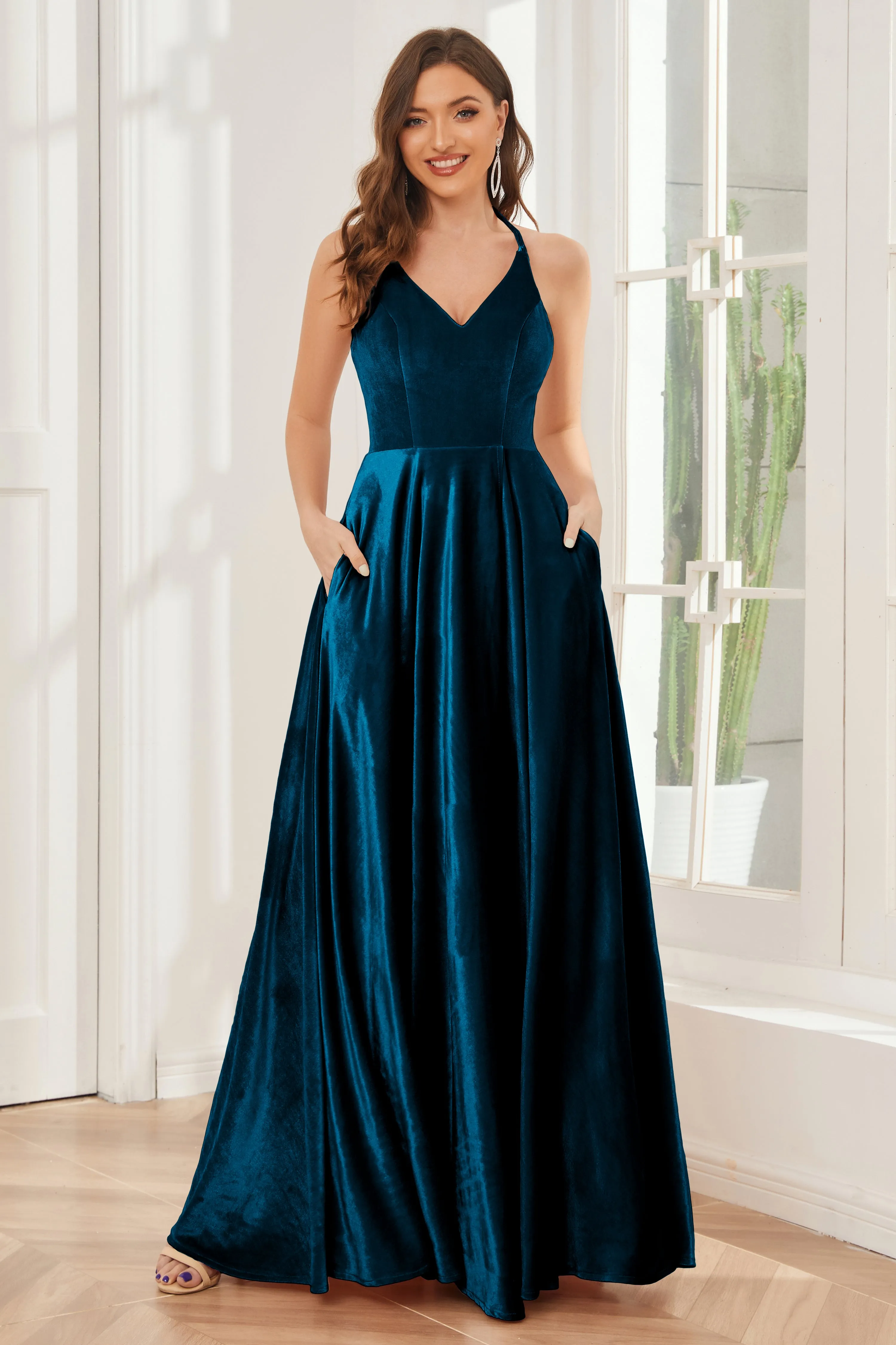 A-line Straps Velvet Bridesmaid Dresses with Slit