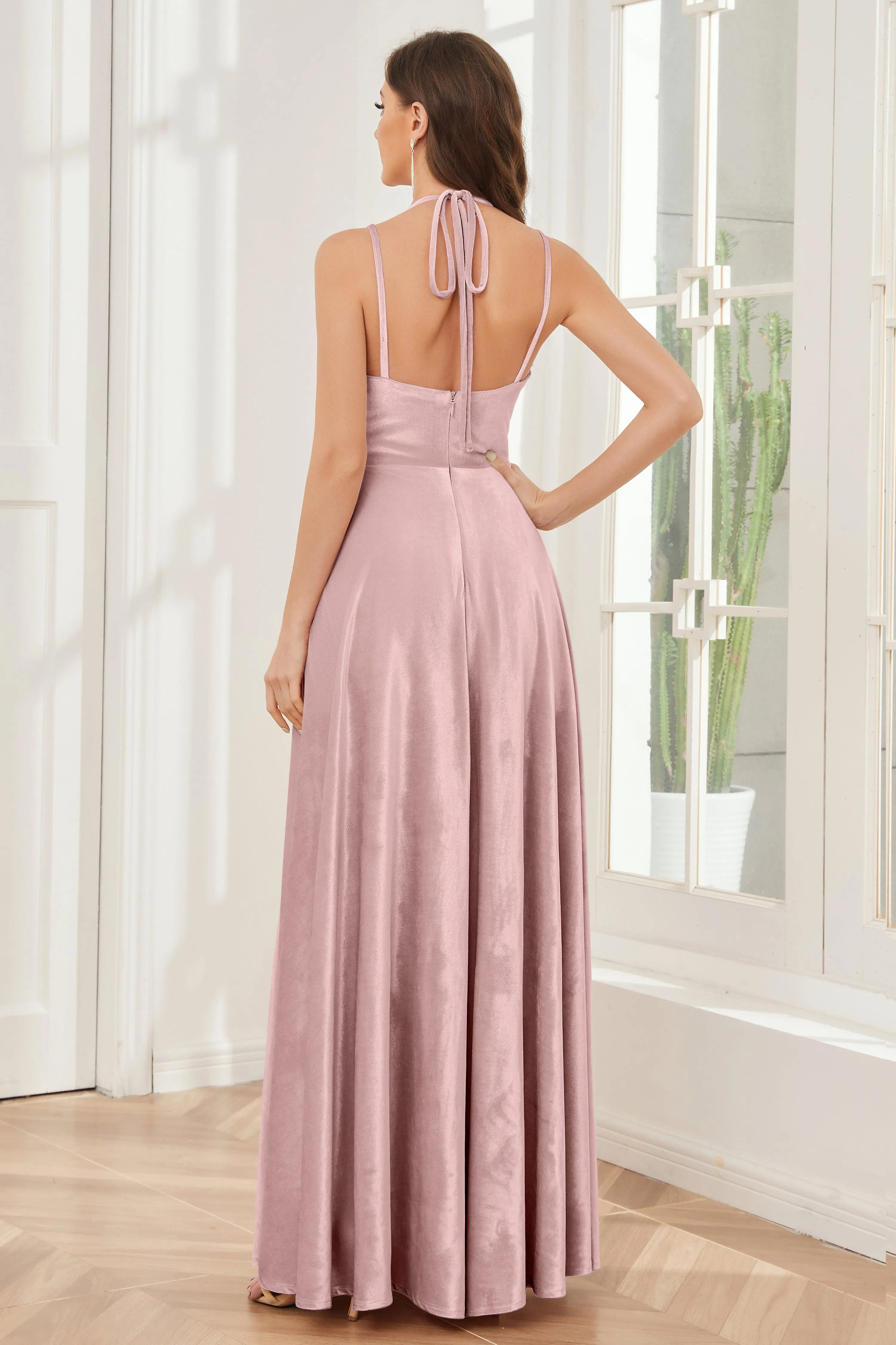 A-line Straps Velvet Bridesmaid Dresses with Slit