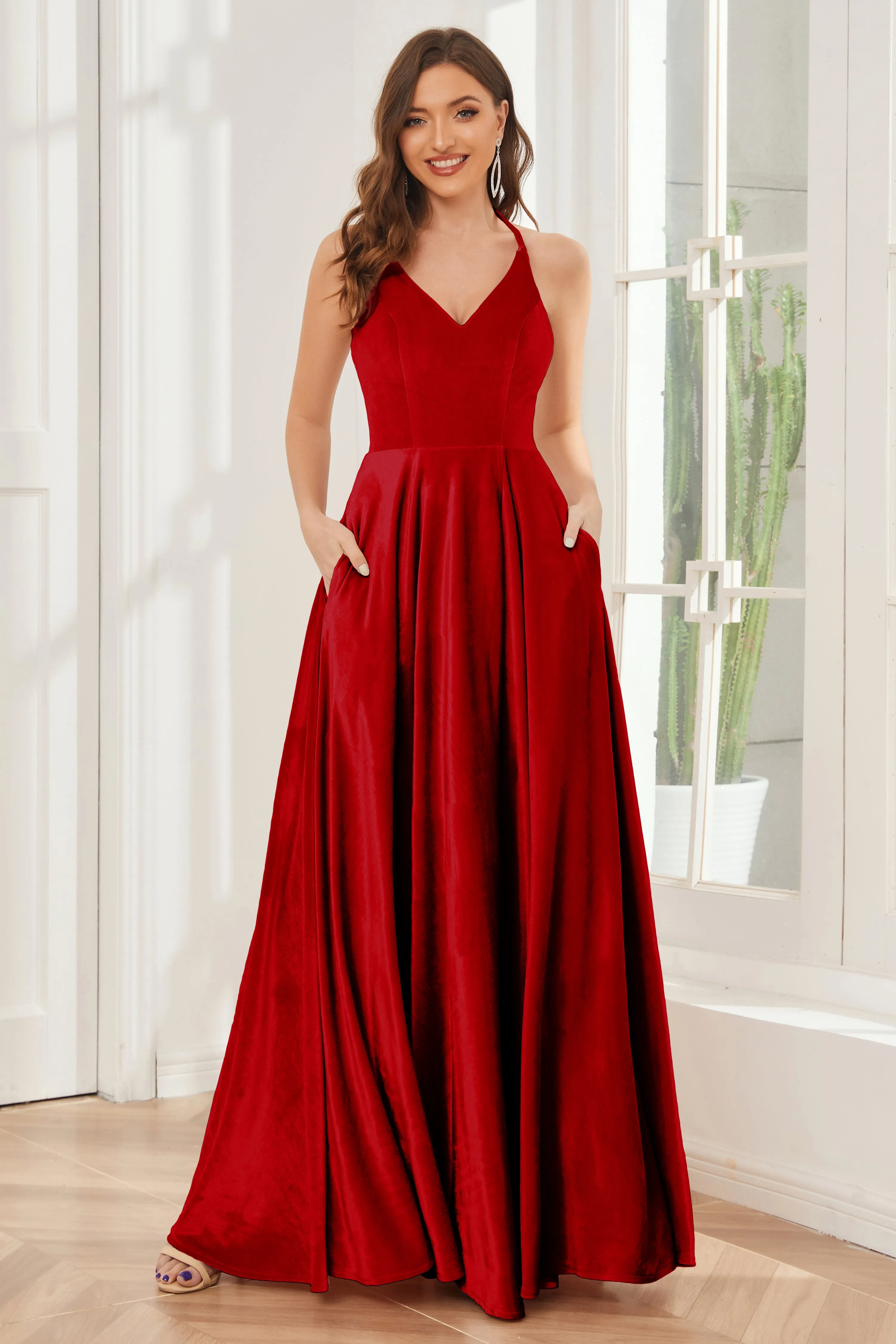 A-line Straps Velvet Bridesmaid Dresses with Slit