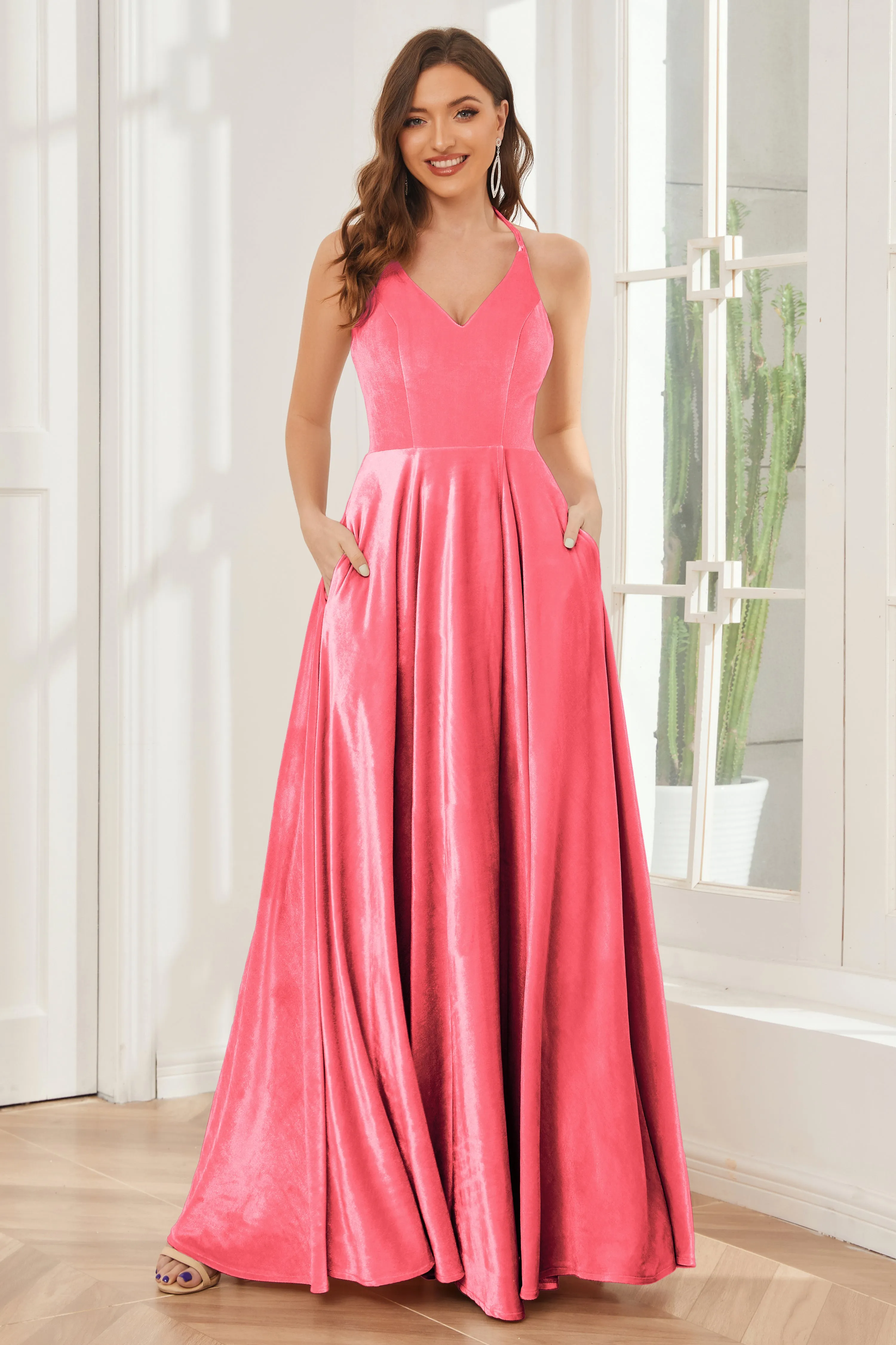 A-line Straps Velvet Bridesmaid Dresses with Slit