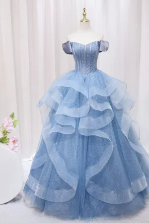 A-Line Sweetheart Blue Tulle Floor Length Ball Gown
