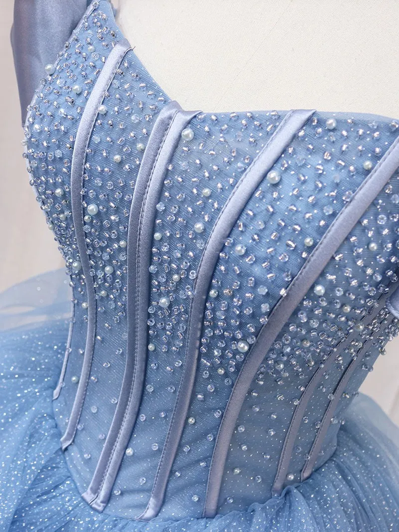 A-Line Sweetheart Blue Tulle Floor Length Ball Gown