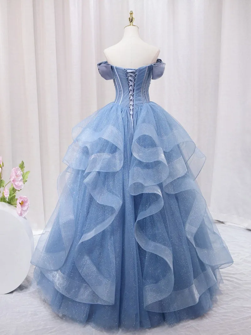A-Line Sweetheart Blue Tulle Floor Length Ball Gown
