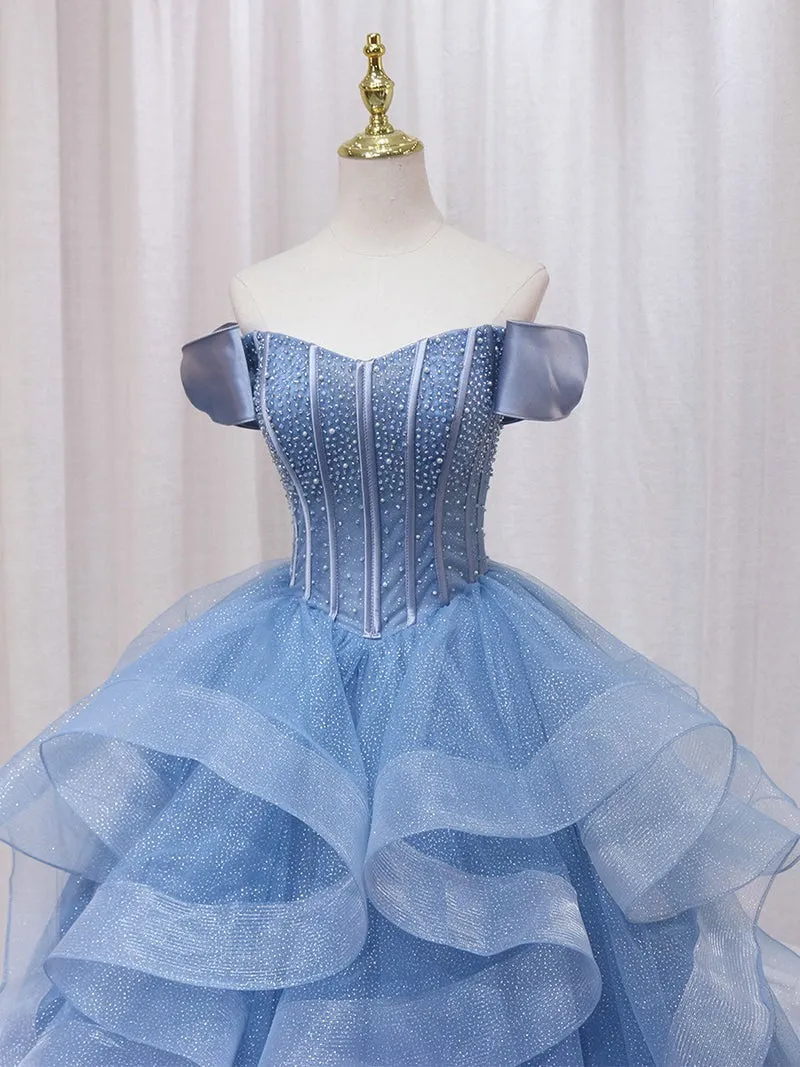 A-Line Sweetheart Blue Tulle Floor Length Ball Gown