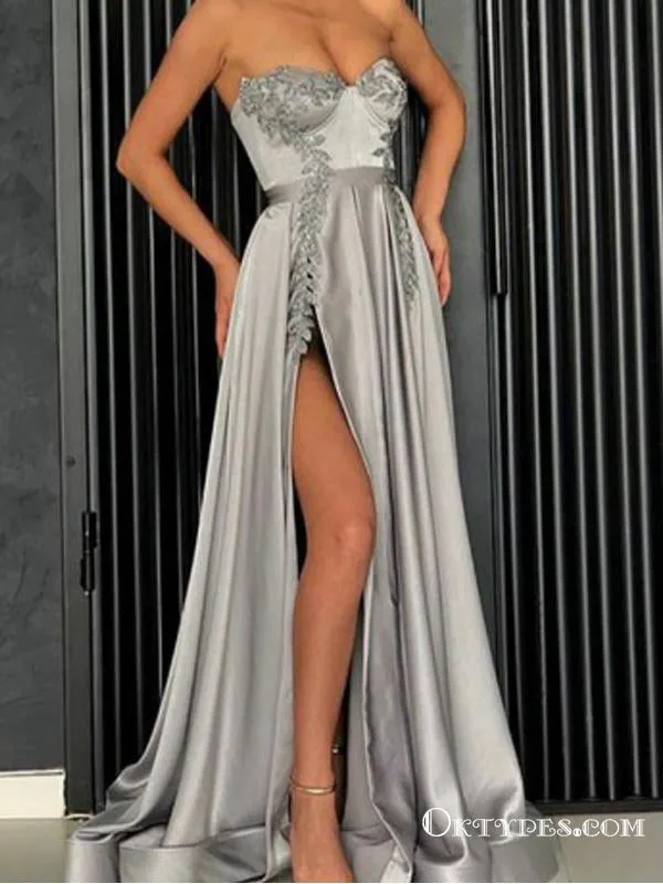 A-Line Sweetheart Grey Long Prom Dresses with Appliques&Slit, TYP1622