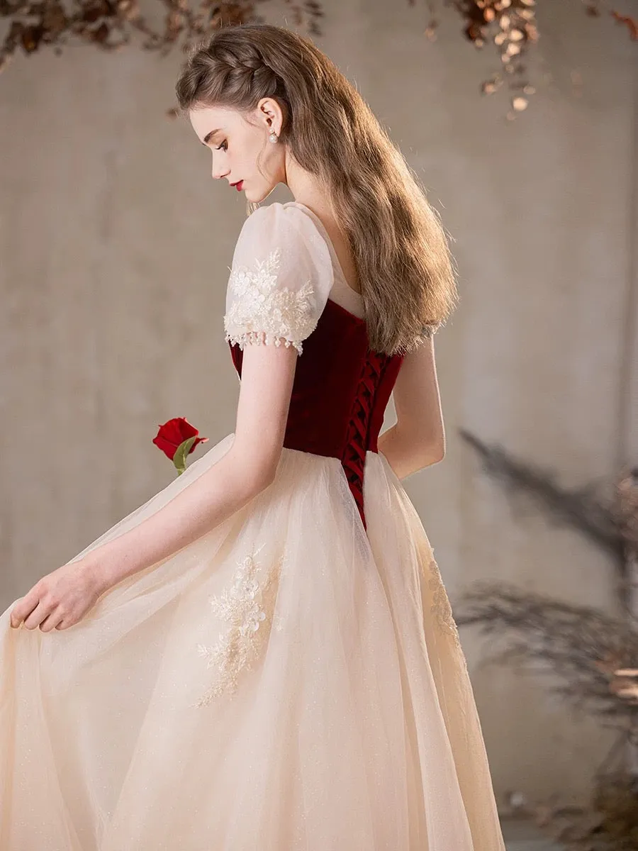 A-Line Tulle Champagne Long Prom Dress with Beads