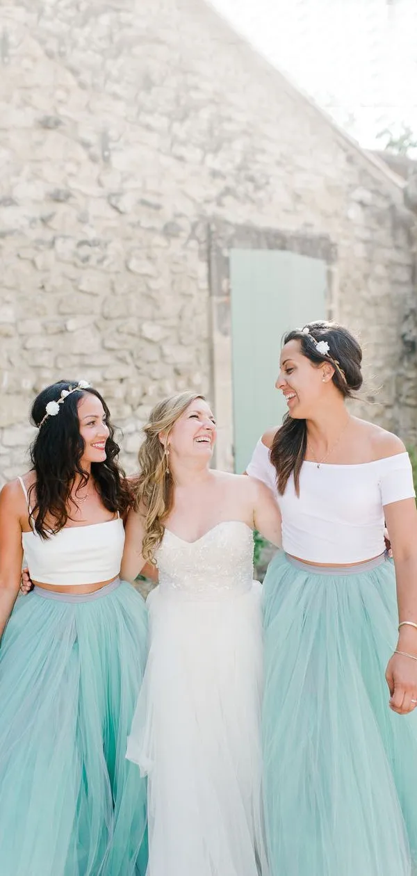 A-line Two Pieces Tulle Long Custom Bridesmaid Dresses , BN1307